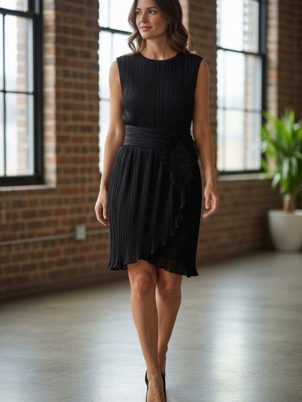 Sleeveless Black Midi Pleated Dress with Beaded Waist Detail